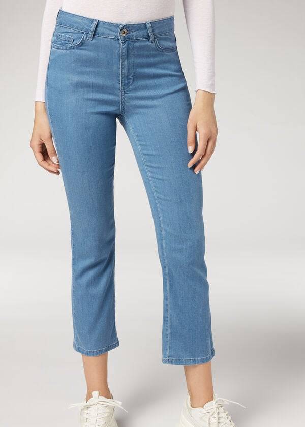 vaqueros cortos acampanados ligeros eco light de calzedonia para mujer en azul