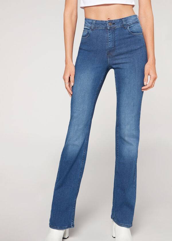 vaqueros azules calzedonia super flex denim de cintura alta con corte acampanado para mujer