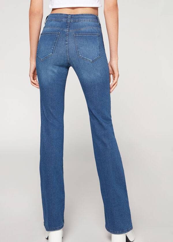 vaqueros azules calzedonia super flex denim de cintura alta con corte acampanado para mujer