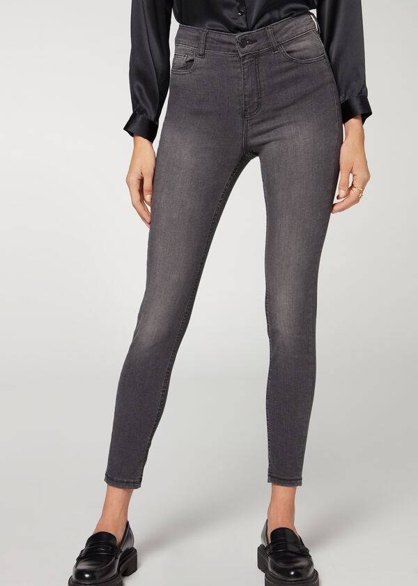 vaqueros superskinny de cintura alta calzedonia super flex denim para mujer color gris