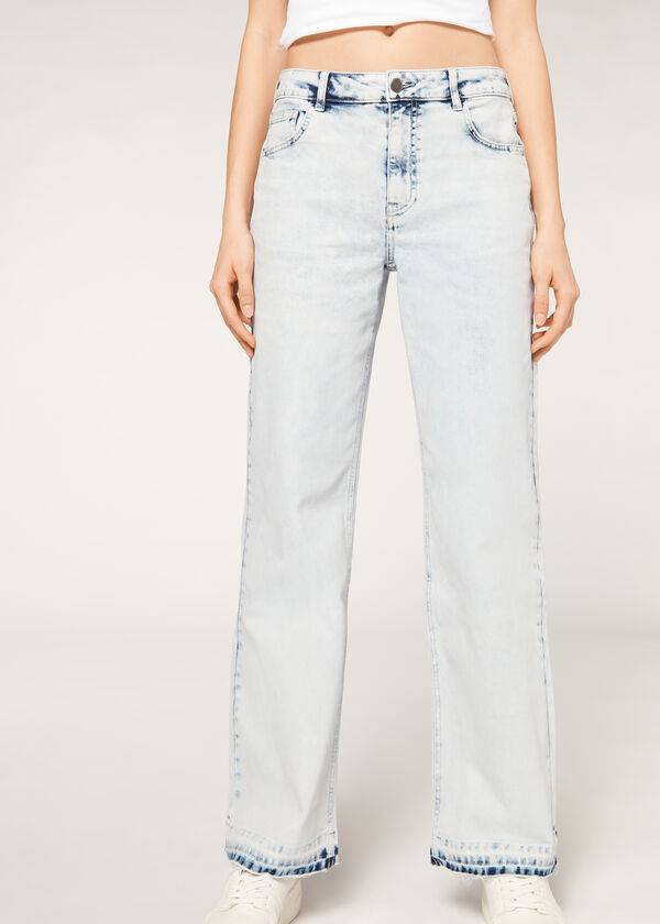 vaqueros deshilachados de pierna ancha calzedonia para mujer en color azul