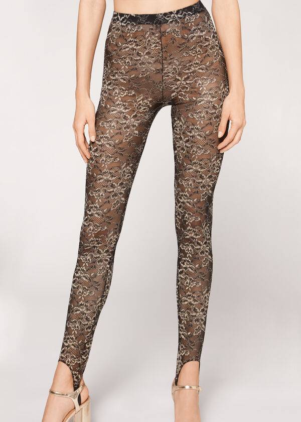 leggings con estribos de encaje brillante de calzedonia en marrón y negro para mujer
