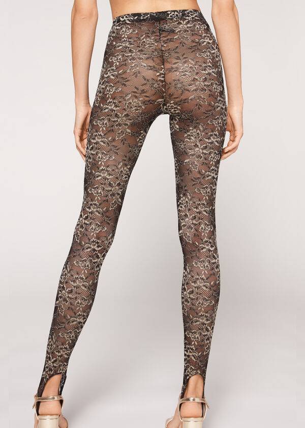 leggings con estribos de encaje brillante de calzedonia en marrón y negro para mujer
