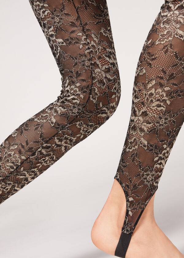 leggings con estribos de encaje brillante de calzedonia en marrón y negro para mujer