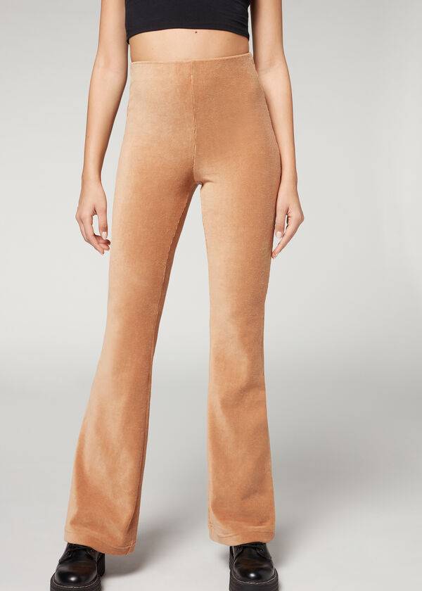 leggings de terciopelo acampanados y acanalados calzedonia para mujer color marrón