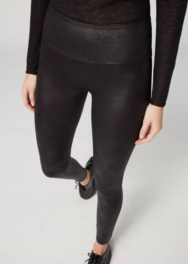 leggings calzedonia total shaper de piel sintética para mujer color negro