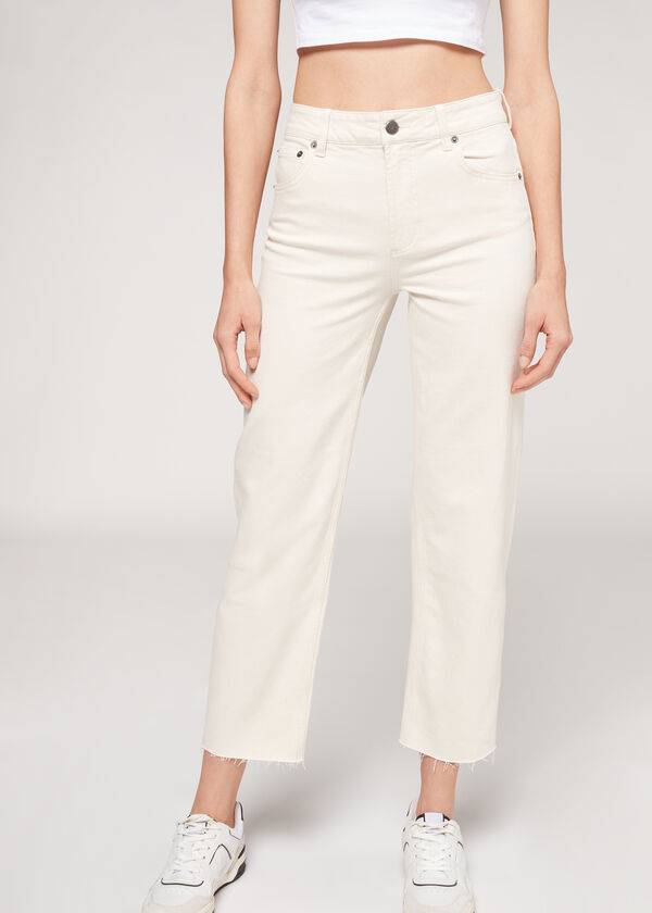 pantalones rectos recortados calzedonia para mujer color blanco