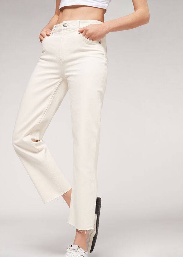 pantalones rectos recortados calzedonia para mujer color blanco