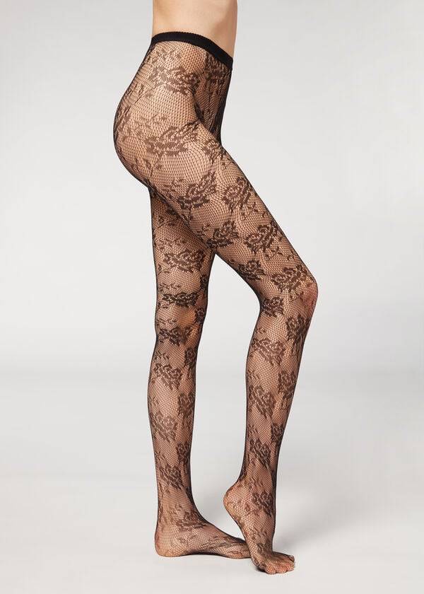medias negras de rejilla con estampado de encaje floral de calzedonia para mujer