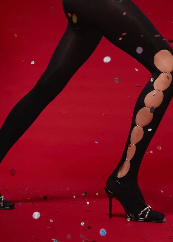 medias negras calzedonia para mujer con recortes de diamantes de imitación 100 deniers opacas y con estampado ecológico