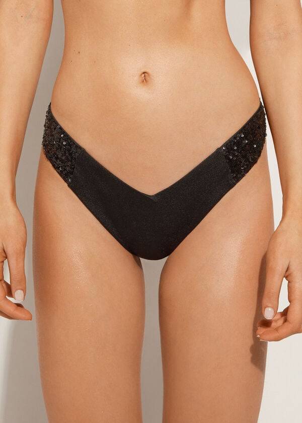 braguita de bikini brasileña cannes de corte alto con lentejuelas de calzedonia para mujer color negro
