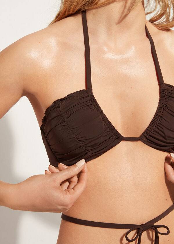 bikini bandeau islamorada con cordón de calzedonia para mujer color marrón café