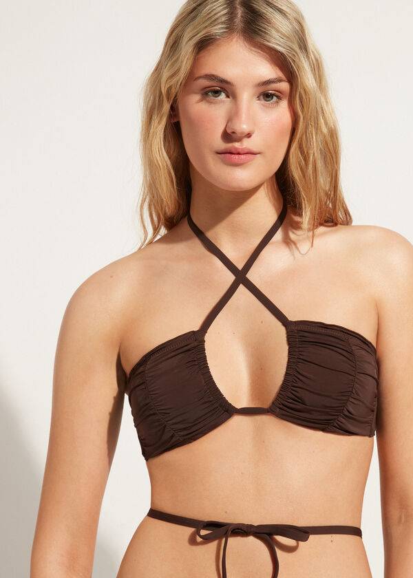bikini bandeau islamorada con cordón de calzedonia para mujer color marrón café
