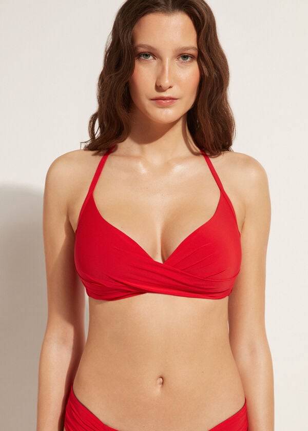 bikini de triángulo con relleno cruzado suave y graduado de calzedonia para mujer color rojo