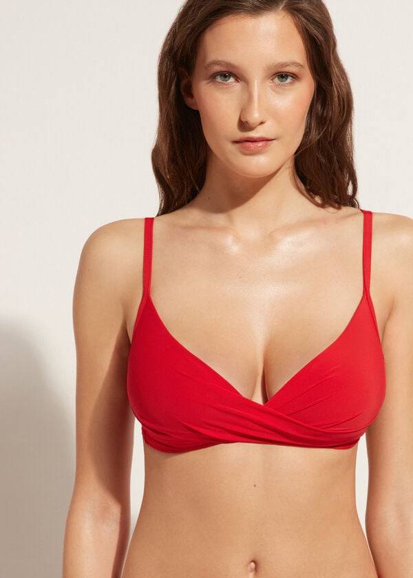 bikini de triángulo con relleno cruzado suave y graduado de calzedonia para mujer color rojo
