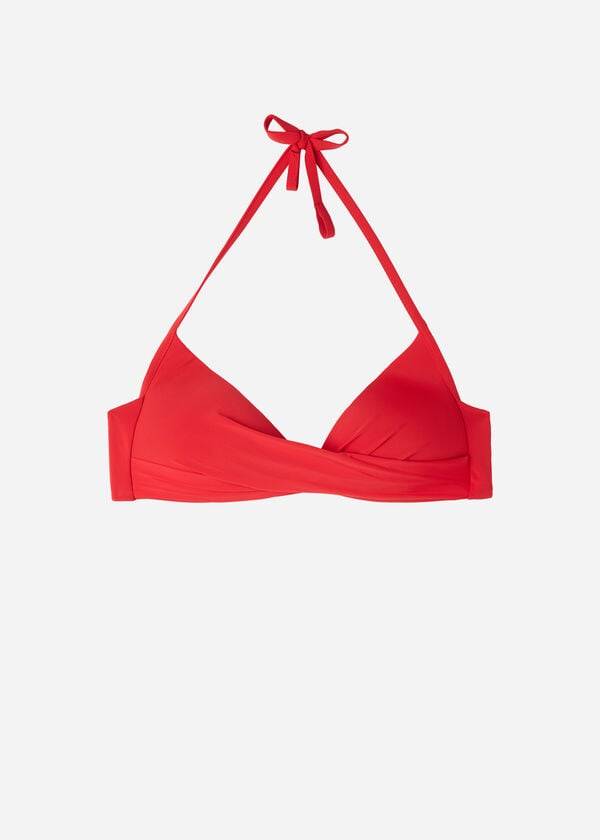 bikini de triángulo con relleno cruzado suave y graduado de calzedonia para mujer color rojo