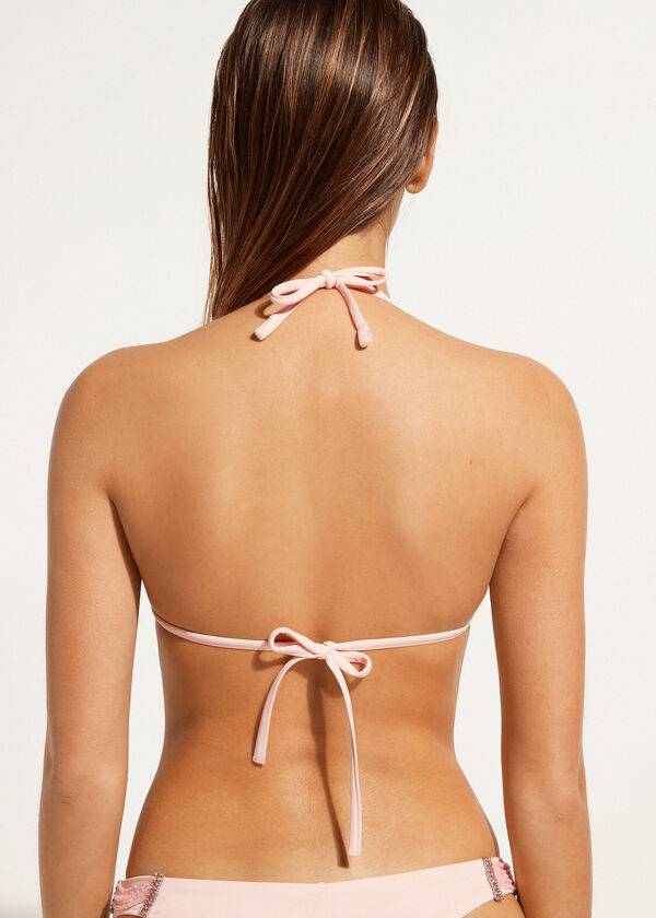 bikini triangular con cuentas y diamantes de imitación de calzedonia en color rosa para mujer