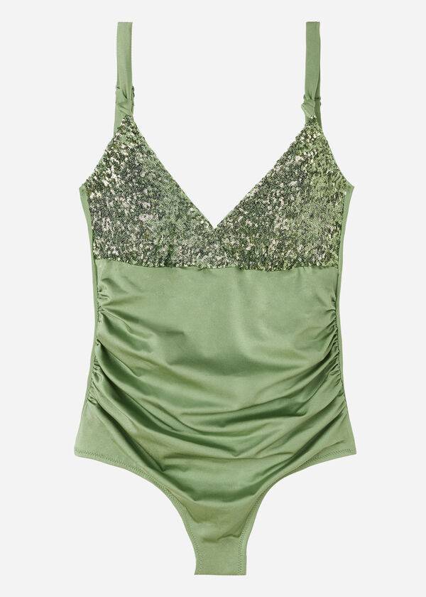 trajes de baño de una pieza con relleno y efecto moldeador calzedonia para mujer color verde cannes
