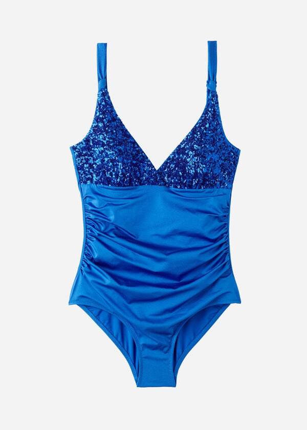 trajes de baño de una pieza con relleno y efecto moldeador calzedonia para mujer en color azul cannes